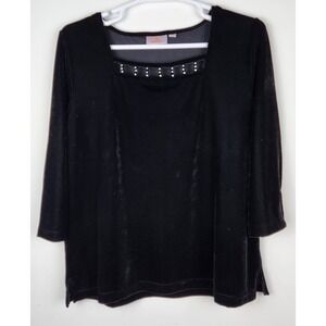 Quaker Factory Women's XL Velvet Tunic Black Square Neck Embellished Rhinestones